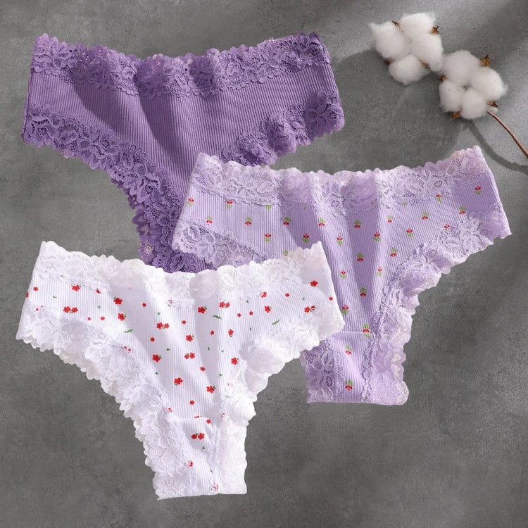 3Pcs Cotton Lace Patchwork Bikini Panties Women Seamless Floral Print Brazilian Pants Low Waist Breathable Female Sexy Lingerie Khamik Shop Online