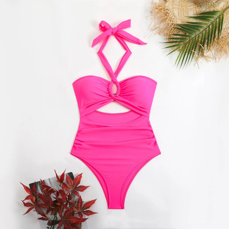 Women Swimsuit Halter Neck Solid Swimsuit Backless Waist Cinching Bathing Suit Ruched Bust High Cut Swimwear Black Woman Khamik Shop Online