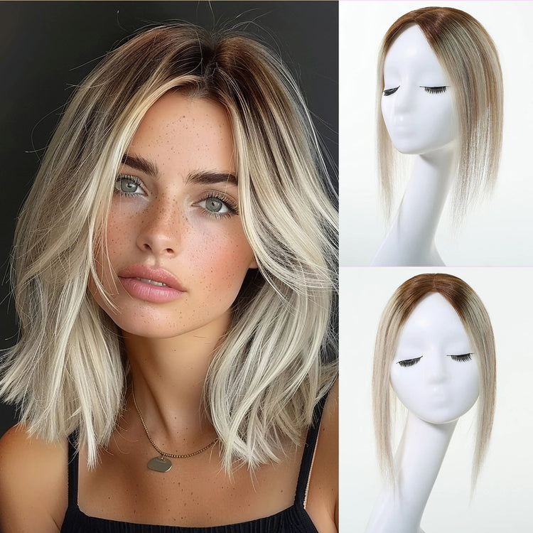 Brown Mixed Blonde Human Hair Toppers Middle Part 100% Remy Human Hair Straight Lace Base Clip in Hairpieces for Women Loss Hair Khamik Shop Online