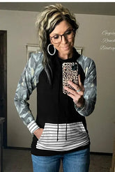 Camo Stripe Prints Splicing Hoodie Jade