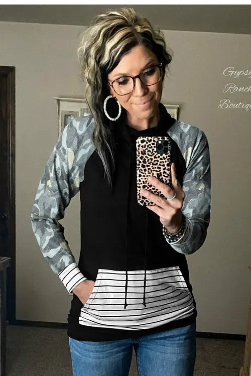 Camo Stripe Prints Splicing Hoodie Jade