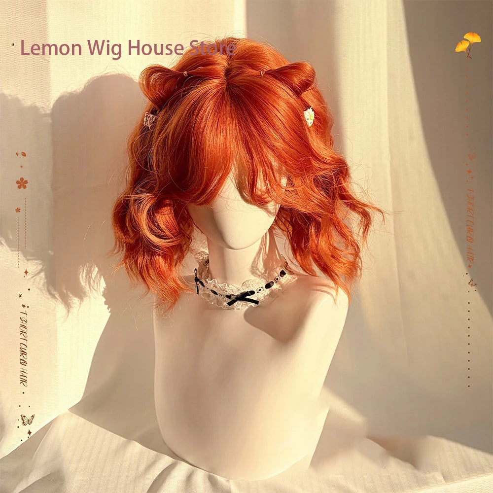 Short Wavy Orange Wig with Bangs 12inch Curly Hair Lolita High Quality Synthetic Wigs for Women Daily Cosplay Wig Heat Resistant Khamik Shop Online
