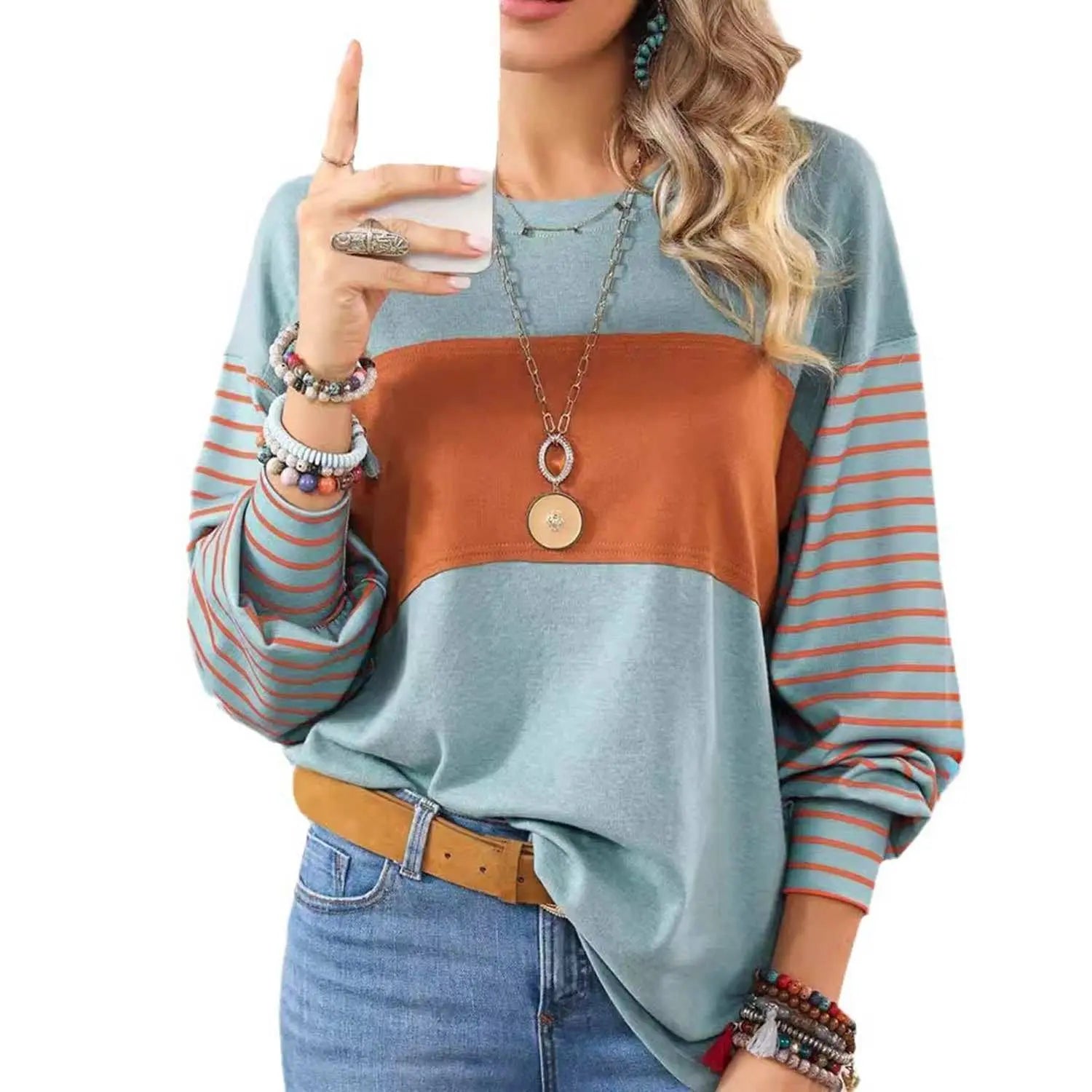 Womens Long Sleeve Pullover Tops Striped Basice T-shirt Peach Castor