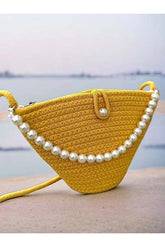 Women yellow pearl design shoulder bag elegant daily handbag | Leather Ochre Juniper