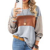 Womens Long Sleeve Pullover Tops Striped Basice T-shirt Peach Castor