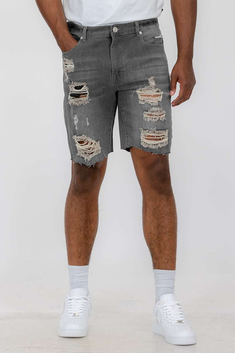Shorts en jean déchirés pour hommes au-dessus du genou avec poches standard et fermeture à boutons