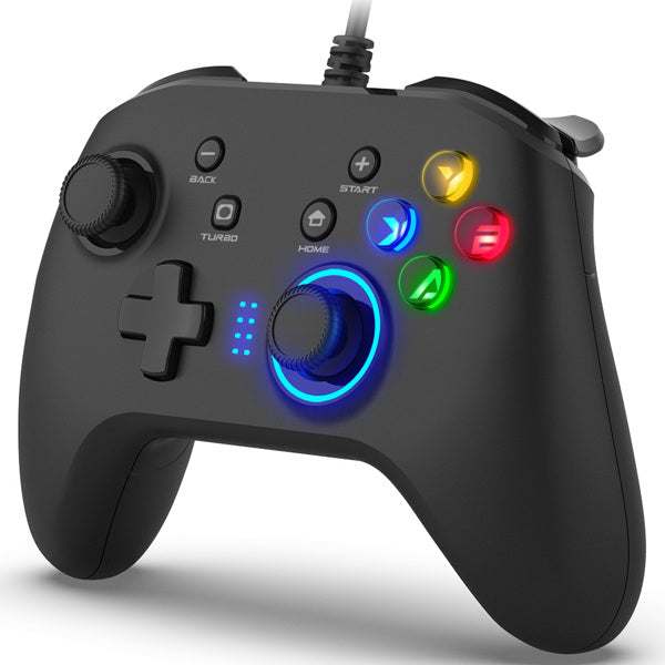 Manette de jeu filaire noire et bleue avec double vibration et joystick ergonomique