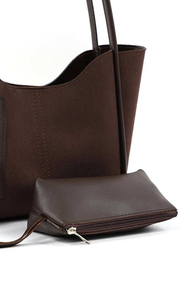Brown suede SHK108 women hand and shoulder bag with wallet and makeup – Women&
