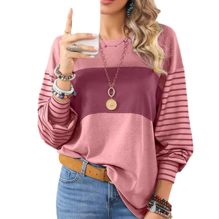 Womens Long Sleeve Pullover Tops Striped Basice T-shirt Peach Castor