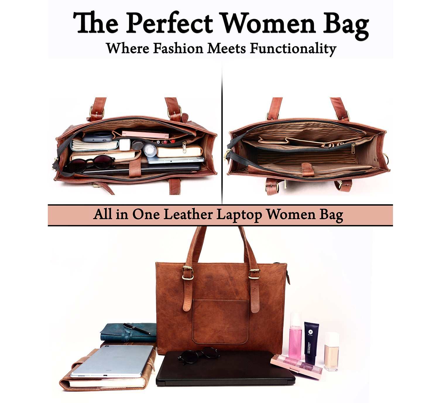 Leather Woman Laptop Handbag Large Tote Bag with Zipper Salmon Alder