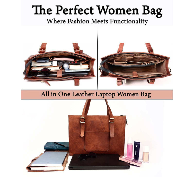 Leather Woman Laptop Handbag Large Tote Bag with Zipper Salmon Alder