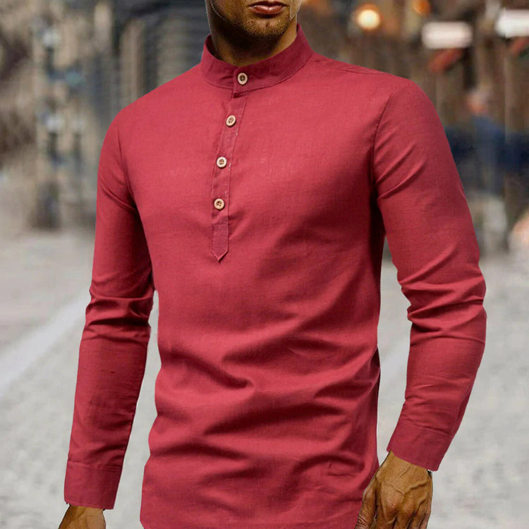 Mens Stand Collar Linen Shirt Yellow Pandora