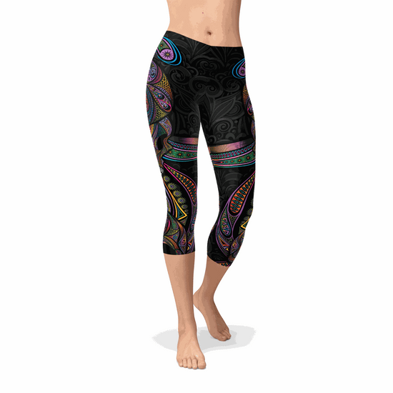 Leggings capri filles avec motif crâne coloré, tissu extensible et confortable pour sport et usage quotidien