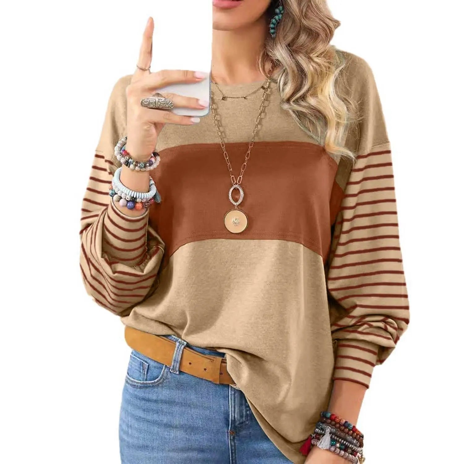 Womens Long Sleeve Pullover Tops Striped Basice T-shirt Peach Castor