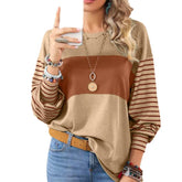 Womens Long Sleeve Pullover Tops Striped Basice T-shirt Peach Castor