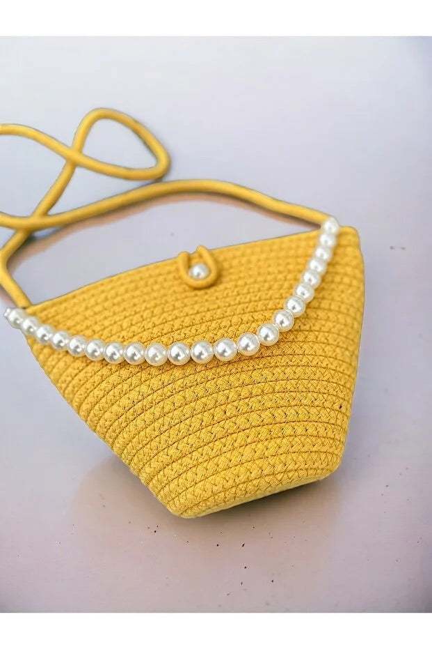 Sac à main femme jaune avec design perles, élégant et durable en tissu tricoté pour usage quotidien