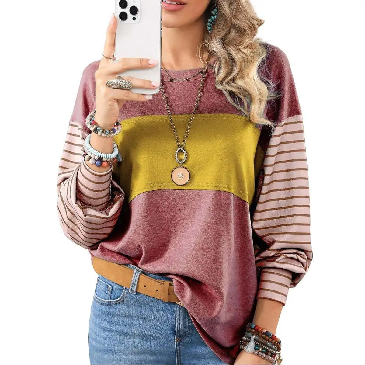 Womens Long Sleeve Pullover Tops Striped Basice T-shirt Peach Castor