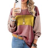 Womens Long Sleeve Pullover Tops Striped Basice T-shirt Peach Castor