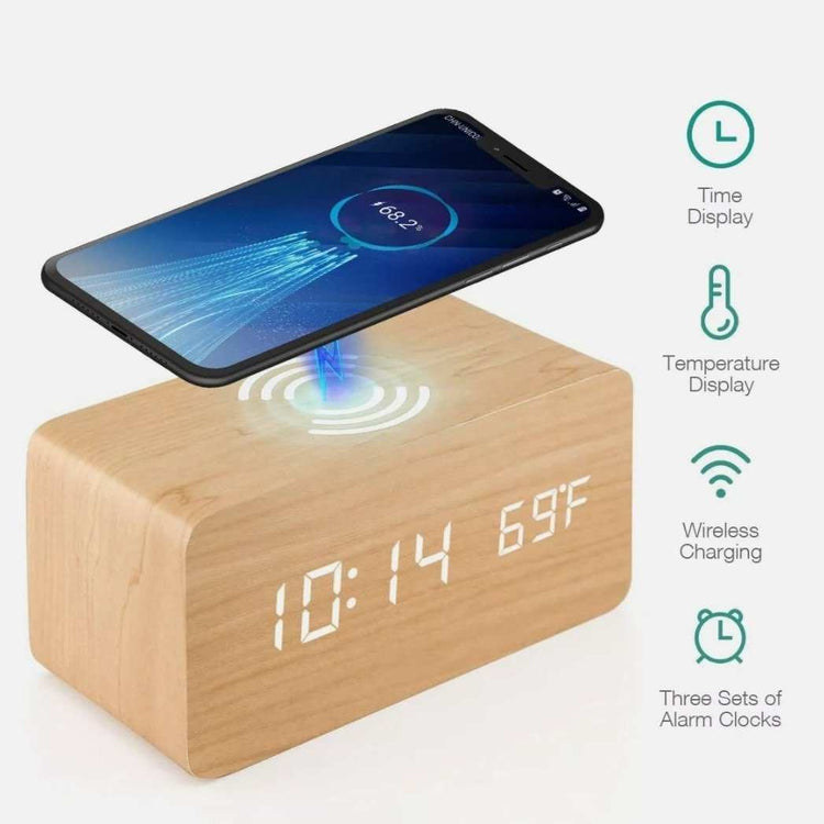 Wooden Digital Alarm Clock with Wireless Phone Charging Pad – Charger Yellow Pandora