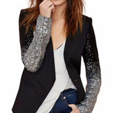 Blazer noir femme avec manches à sequins brillante, coupe slim, textile polyester blend.