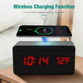 Réveil numérique en bois avec chargeur sans fil Qi intégré pour téléphone mobile