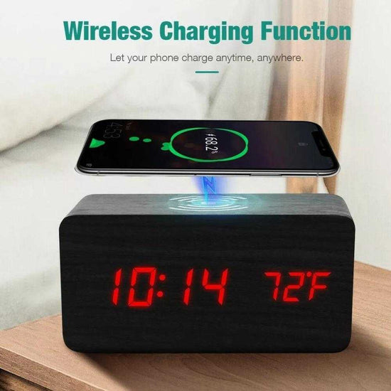 Réveil numérique en bois avec chargeur sans fil Qi intégré pour téléphone mobile