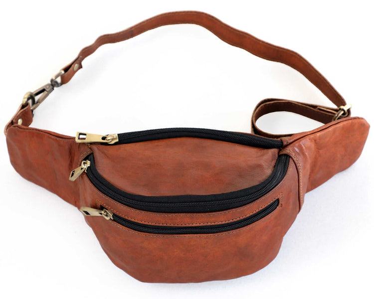Sac banane en cuir marron véritable pour hommes et femmes, compact et résistant à l&