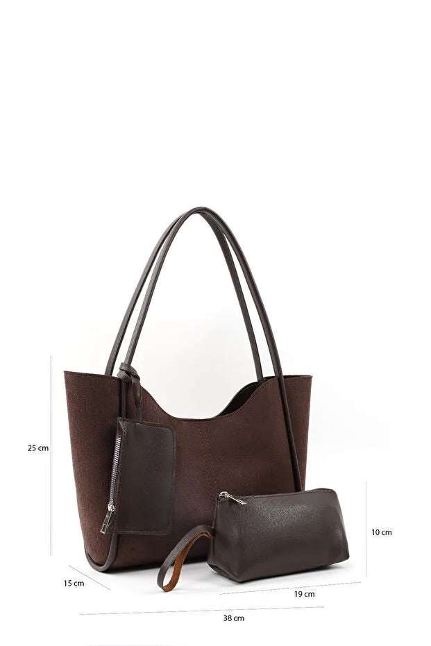 Sac à main femme SHK108 en suède marron avec portefeuille et trousse à maquillage amovible, élégant et fonctionnel