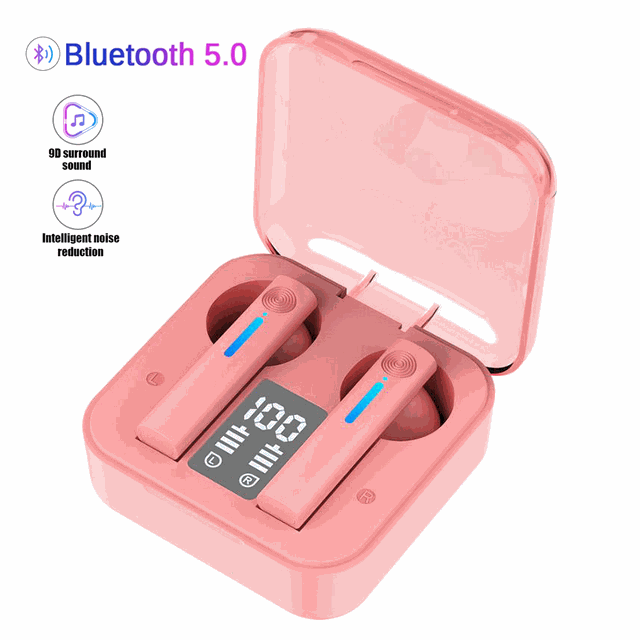 Écouteurs Bluetooth sans fil TWS avec LED et microphone, design compact noir et blanc
