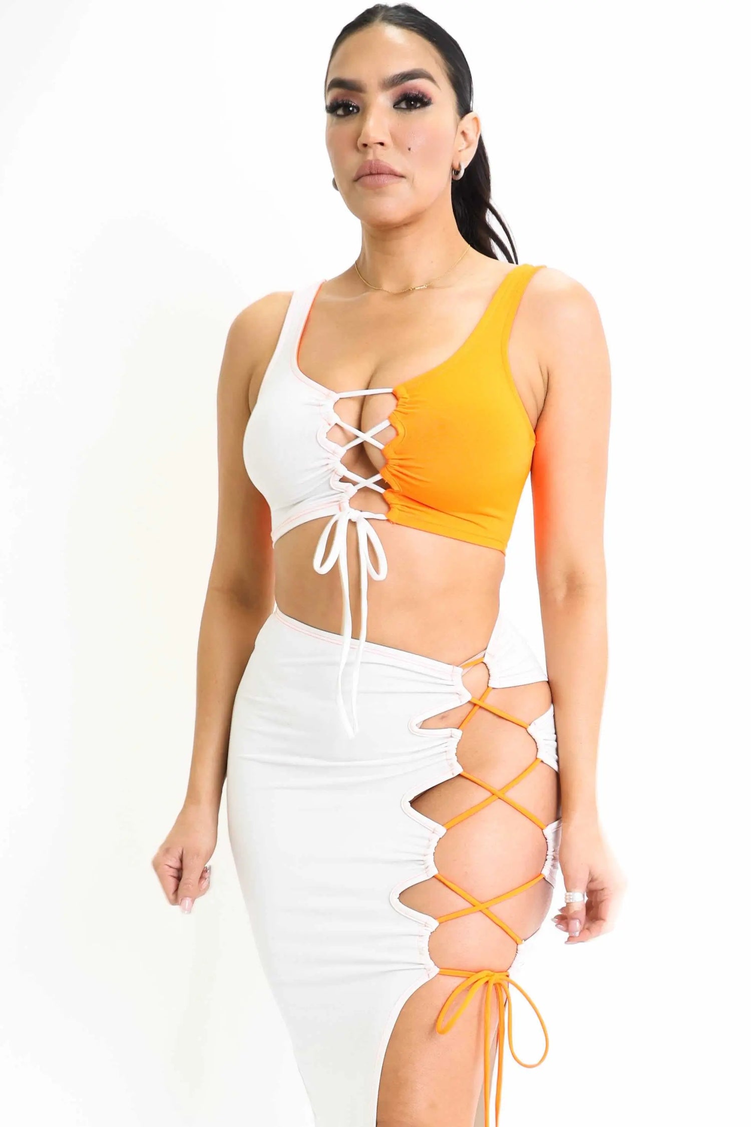 ColorBlock Side Lace up Top & Matching Maxi Skirt 2 Piece Outfit Set Puce Juniper