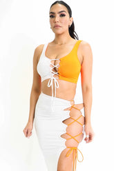 ColorBlock Side Lace up Top & Matching Maxi Skirt 2 Piece Outfit Set Puce Juniper