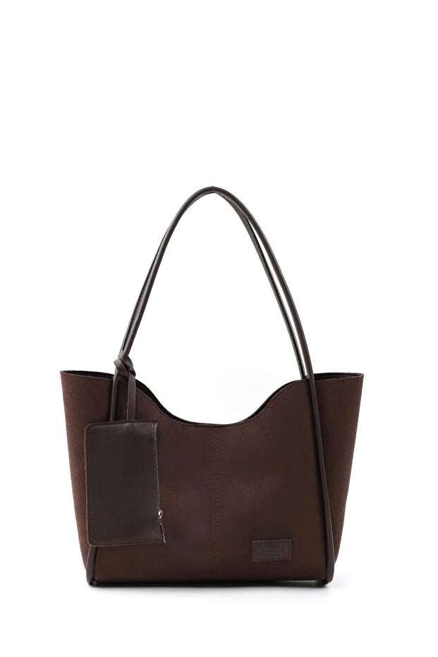 Brown suede SHK108 women hand and shoulder bag with wallet and makeup – Women&
