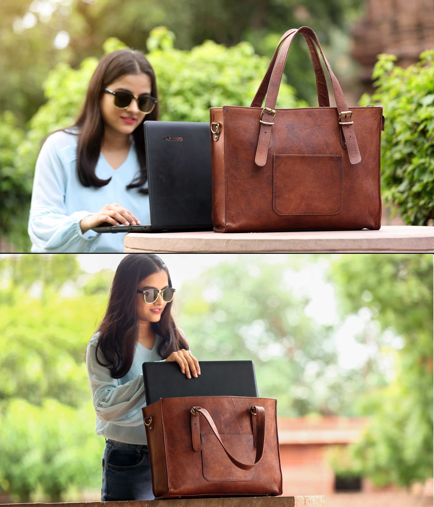 Leather Woman Laptop Handbag Large Tote Bag with Zipper Salmon Alder