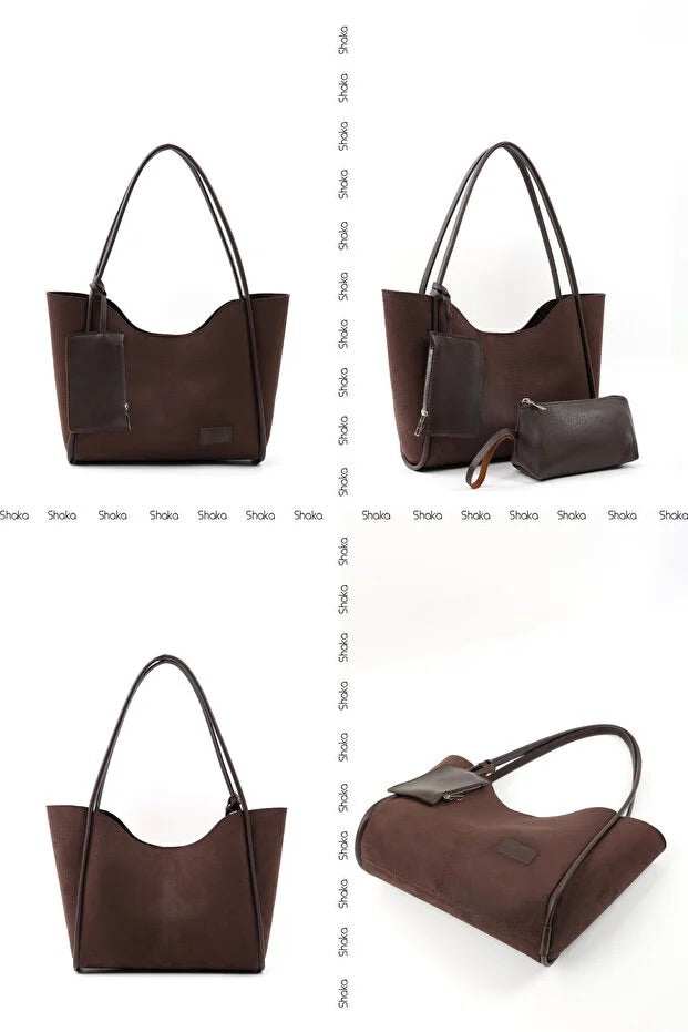 Brown suede SHK108 women hand and shoulder bag with wallet and makeup – Women&