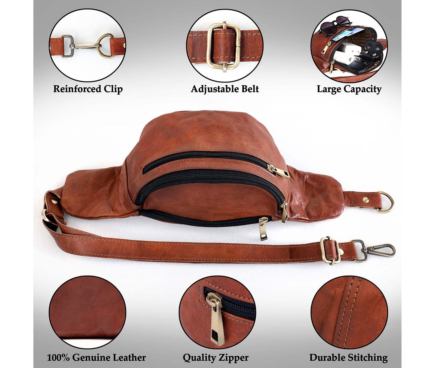 Brown Genuine Leather Fanny Pack for Men & Women Belt Bag Salmon Alder