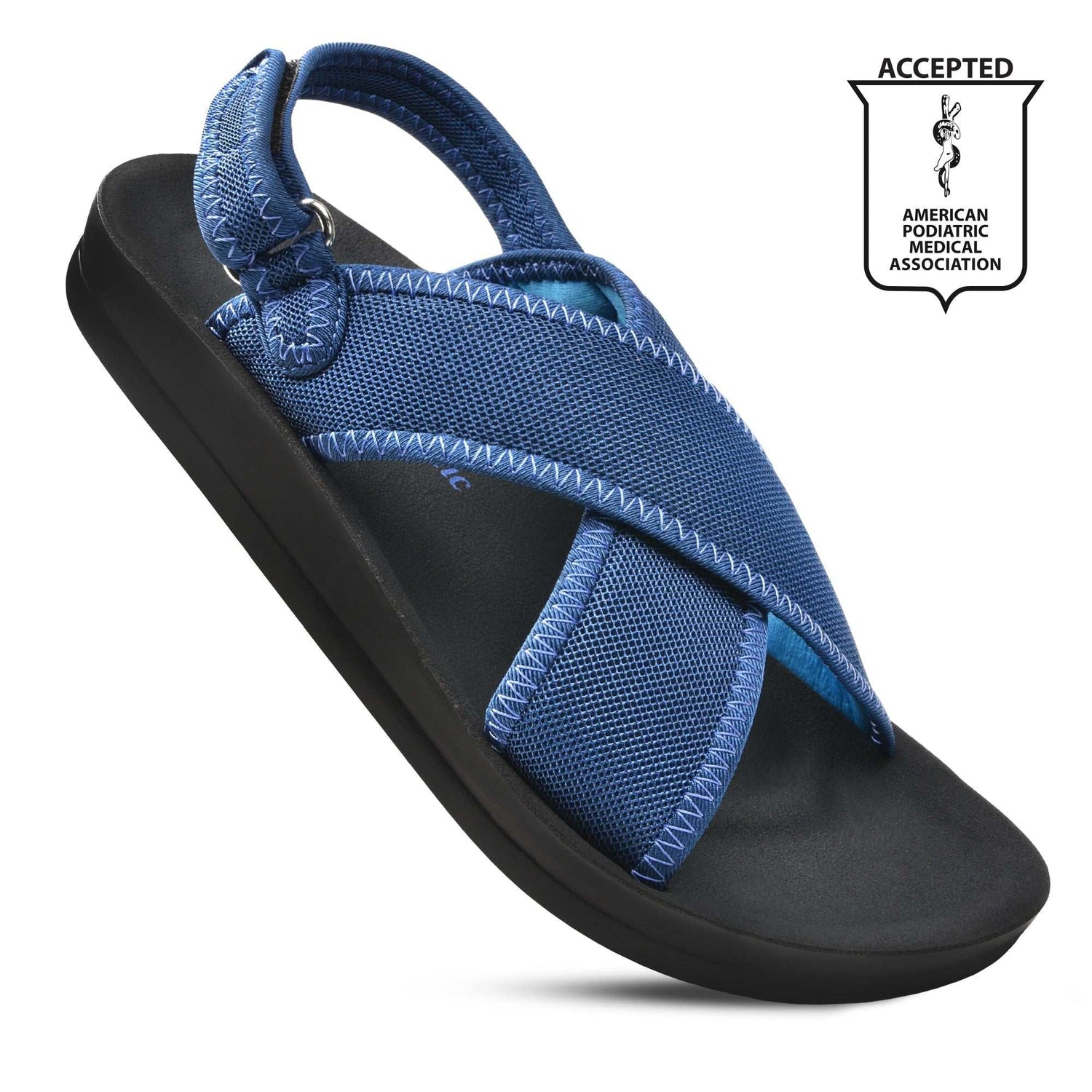 Sandales femmes Aerothotic Aqueduct à bride arrière pour été, confort premium, semelle gel PU, soutien voûte plantaire, disponibles en noir, bleu et vin.