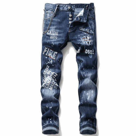 Jean homme slim célèbre en denim de qualité avec coupe ajustée moderne et poches classiques.
