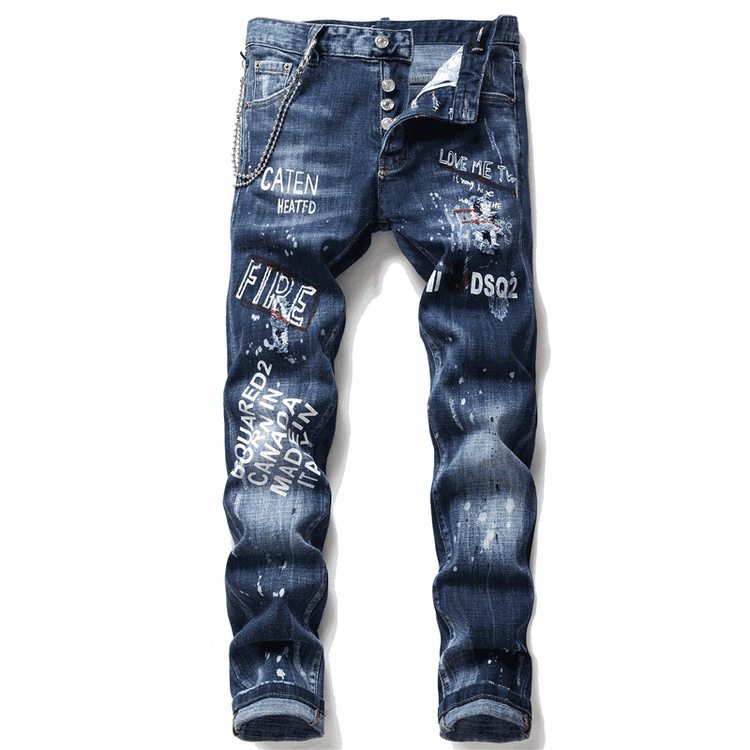 Jean homme slim célèbre en denim de qualité avec coupe ajustée moderne et poches classiques.