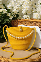 Women yellow pearl design shoulder bag elegant daily handbag | Leather Ochre Juniper