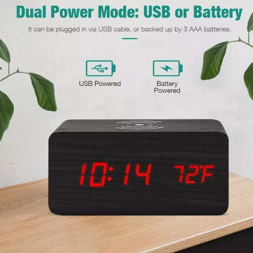 Wooden Digital Alarm Clock with Wireless Phone Charging Pad – Charger Yellow Pandora