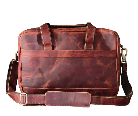Sac à main en cuir de buffle pour ordinateurs portables de 15 pouces avec bandoulière ajustable et multiples compartiments.