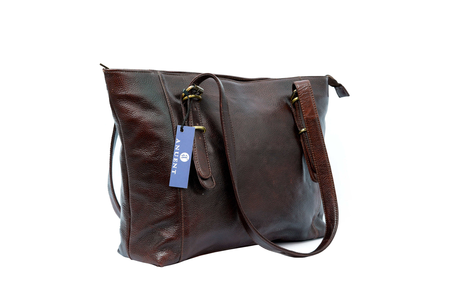 Grand sac fourre-tout en cuir marron pour femmes, cuir Buffalo de haute qualité, compartiments rembourrés pour ordinateur portable, poches zippées, ferrures en laiton robustes.