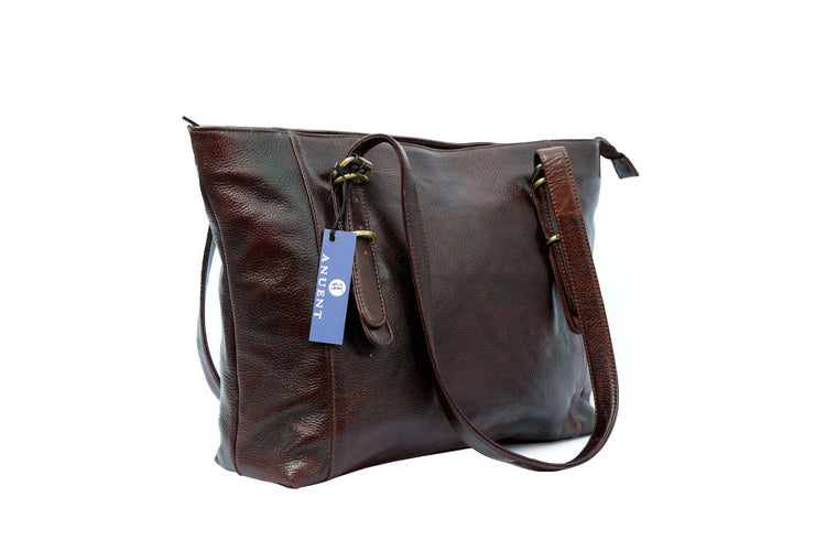 Grand sac fourre-tout en cuir marron pour femmes, cuir Buffalo de haute qualité, compartiments rembourrés pour ordinateur portable, poches zippées, ferrures en laiton robustes.
