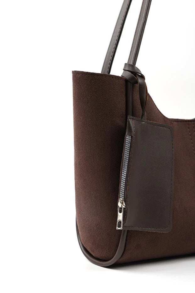 Brown suede SHK108 women hand and shoulder bag with wallet and makeup – Women&