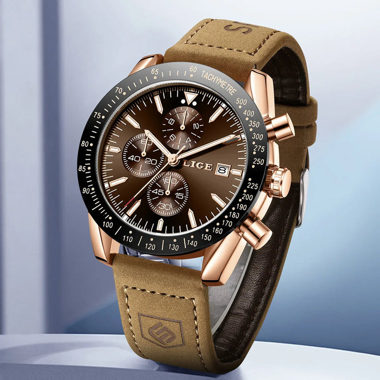 LIGE Leather Watches Men Fashion Business 30M Waterproof Quartz Wristwatch Chronograph Date Luxury Luminous Sports Man Watch+Box Khamik Shop Online