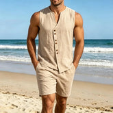 Men Simple Solid Linen Sleeveless Vest Shirt Shorts Set Summer Beach Casual Outfit Khamik Shop Online