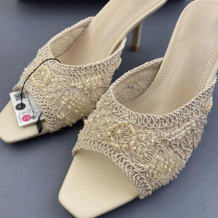 2026 Summer Sandals Weave Pearl Mule Heels for Women Nude Square Toe High Heel Sandal Elegant Backless Fashion Stiletto Footwear Khamik Shop Online