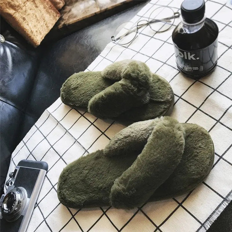 Cross Warm Fluffy Furry Slippers Women Lightweight Flat Heels Fur Slides Woman Autumn Winter Open Toe Non Slip Home Floor Shoes Khamik Shop Online