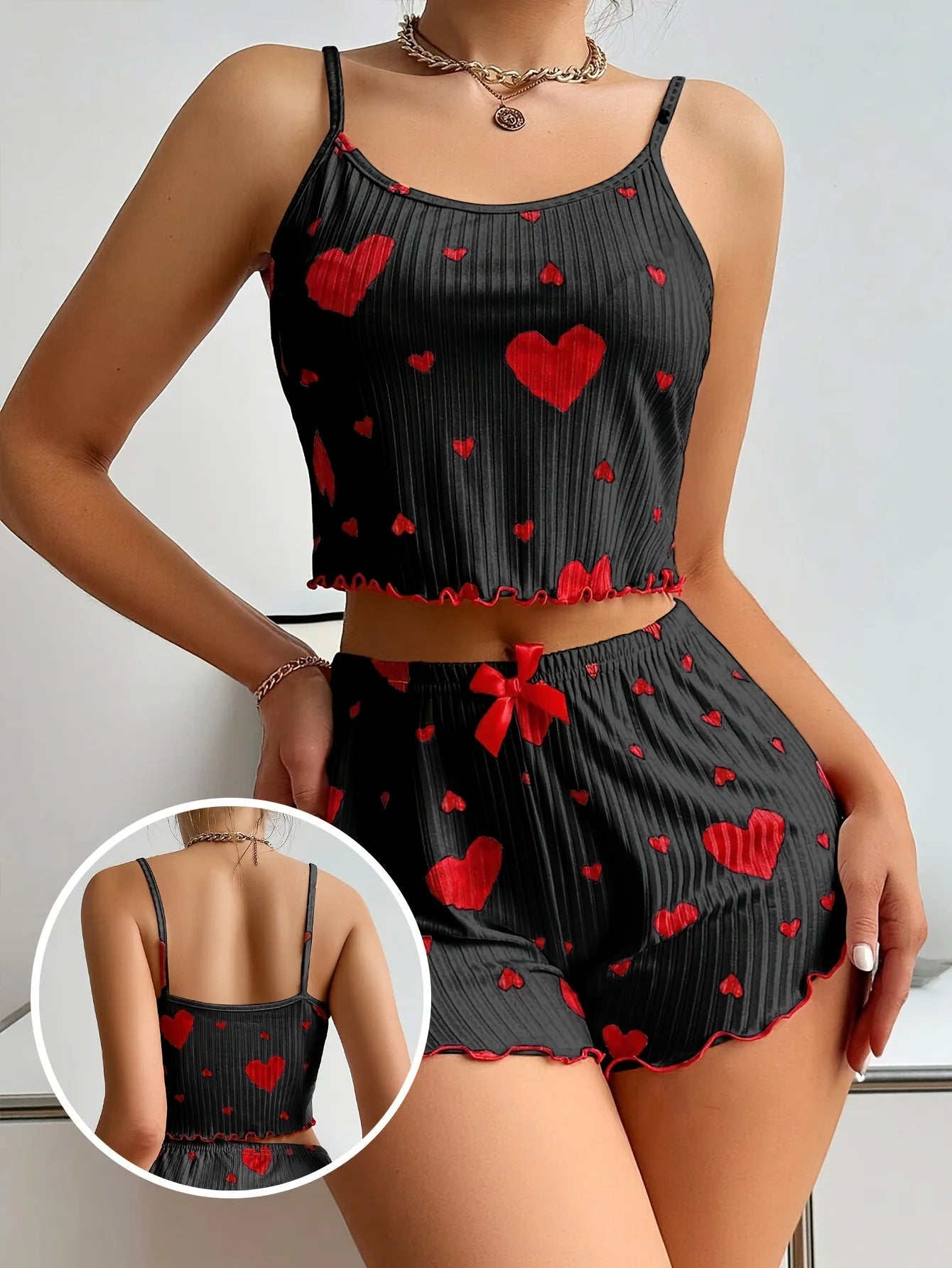 Women 2 Pieces Pajama Set Shorts Homewear Heart Print Underwear Pijamas Sexy Lingerie Camisoles Tanks Sleepwear Khamik Shop Online