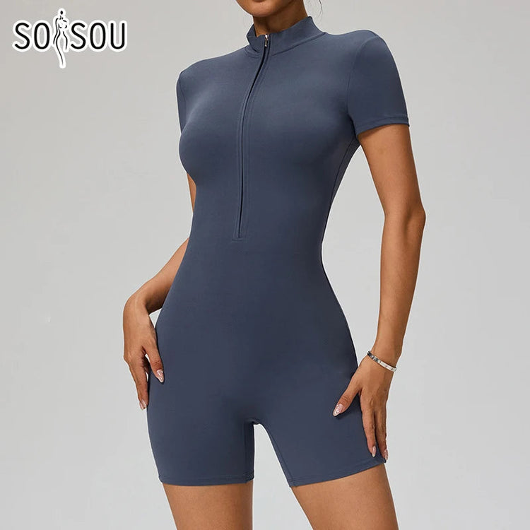SOISOU Zipper Jumpsuit Women Short Sleeves Clothing Sportswear Woman Gym Yoga Sport Sets Nylon Workout Sets Women Tracksuit Khamik Shop Online